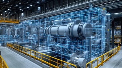 Industrial Machinery and Equipment in Grid Pattern with Valves Digital twin technology creates virtual replicas