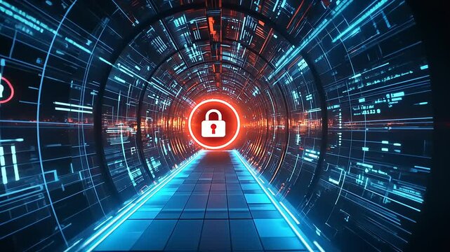 Futuristic digital tunnel with glowing lock symbol, representing cybersecurity and data protection