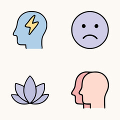 Flat design emotional wellness icons showing brain stress, sadness, calm lotus flower and two human heads profile