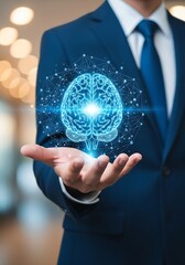 Blue brain network held by businessman blue suit holding