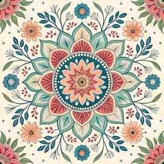  Intricate mandala design with symmetrical floral elements in warm red, teal, and gold tones on a beige background.

