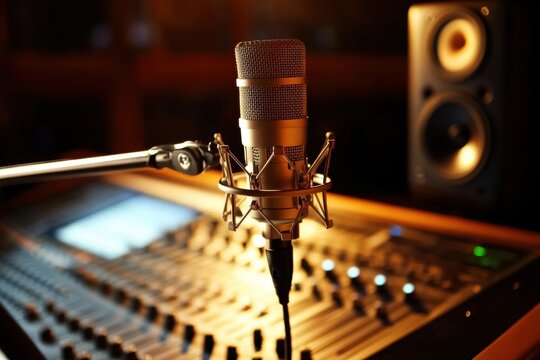 Professional microphone setup in recording studio with mixing console, speaker, Condenser golden