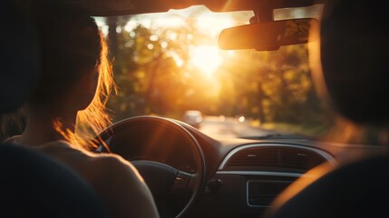 A woman driving a car on a road with a sunset in the background.