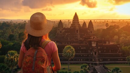 Fototapeta premium Serene Woman in Straw Hat on Cliff Overlooking Angkor Wat Travel enthusiasts seek adventure and new