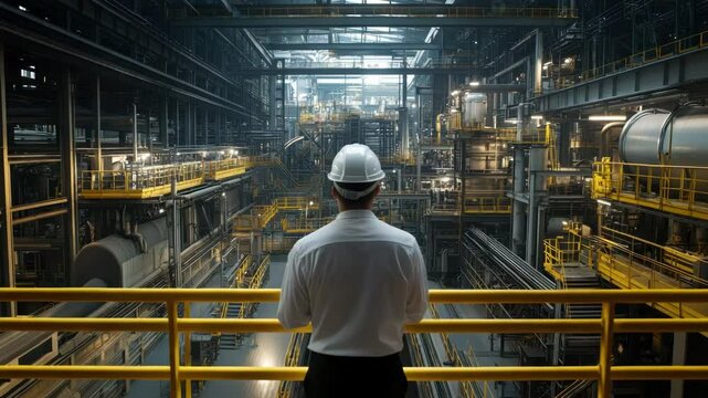 Industrial engineer factory interior safety helmet manufacturing plant machinery industrial equipment worker metal structure yellow railing industrial environment production facility engineer white
