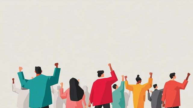 Minimalist illustration of diverse group of people raising fists in solidarity with copy space above, colorful outfits on neutral background. Concept of unity, empowerment and social movement
