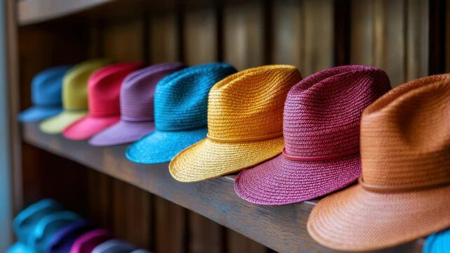 Colorful straw hats on wooden shelf create vibrant summer fashion accessory display with cozy, lively textures and bright colors perfect for stylish, festive headwear trends