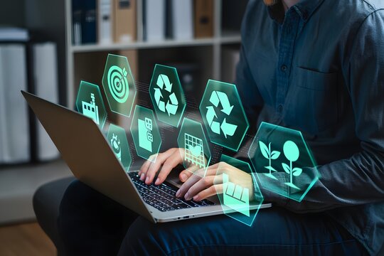 Sustainable business strategy and green technology concept. Icons representing sustainability, renewable energy, CO2 reduction, recycling, green business, environmental tech eco-friendly initiatives.
