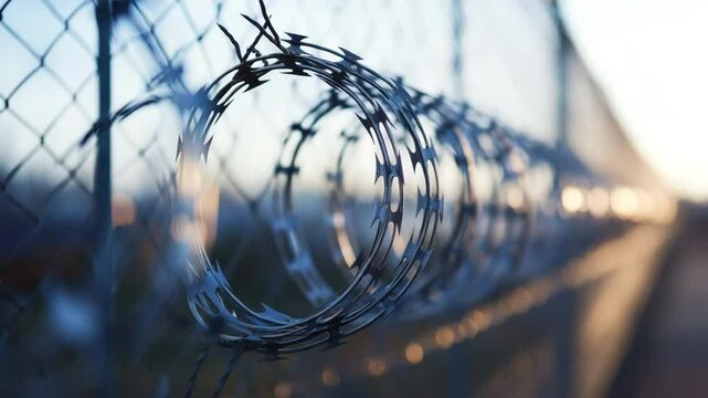 Barbed wire fence security metal protection close up sharp outdoor boundary danger spiral wire steel defense restricted safety barrier focus metalwork industrial construction cold pattern texture