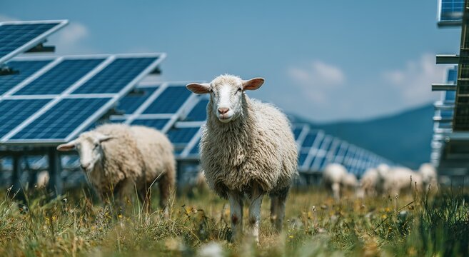 An image of sheep raising under a solar photovoltaic system, used for new energy promotion and environmental protection popular science materials.