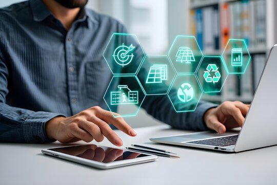 Sustainable business strategy and green technology concept. Icons representing sustainability, renewable energy, CO2 reduction, recycling, green business, environmental tech eco-friendly initiatives.
