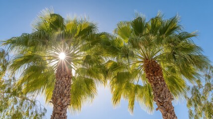 Fototapeta premium Low-angle view of Los Angeles palm trees with golden sunlight, evoking warm tropical vibes.