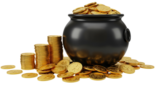 Golden Coins Overflowing from Black Pot with Stacks on Transparent Background