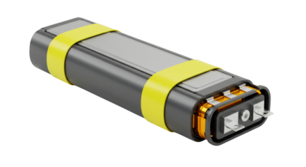 Gray Battery Cell with Yellow Straps on Black, Powering Automotive Industry