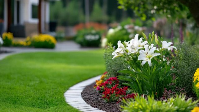 White lily flower bed with green grass and stone border in landscaped garden featuring colorful plants and vibrant outdoor flower bed landscaping with lush green lawn and white flowers