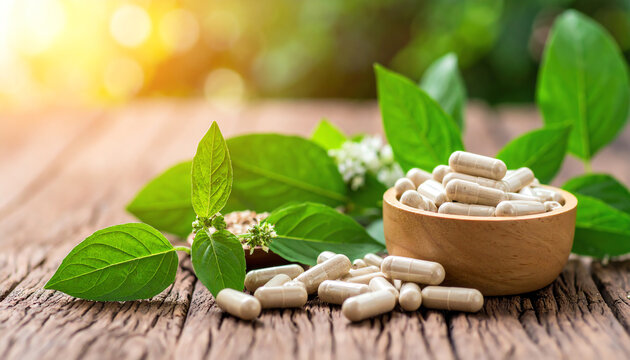 Natural capsules are arranged beside fresh green leaves on a rustic wooden surface, illuminated by soft sunlight, suggesting health and wellness