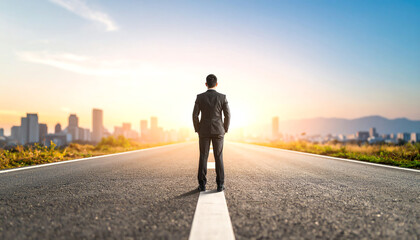 Fototapeta premium A businessman stands on an empty road, gazing at a city skyline and a bright horizon, symbolizing ambition and new opportunities