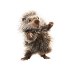 A cute animated porcupine character with brown and white quills stands upright on a white background with a happy expression on its face looking to the side.