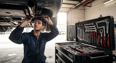 Mechanic Repairing Car Exhaust System with Tools in Garage.
