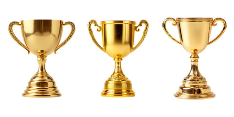 Shiny gold trophy cup symbolizing victory and success, isolated on white background for award, sports, or achievement