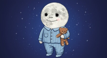 Fototapeta premium Cartoon moon person in pajamas holding teddy bear, night sky background.