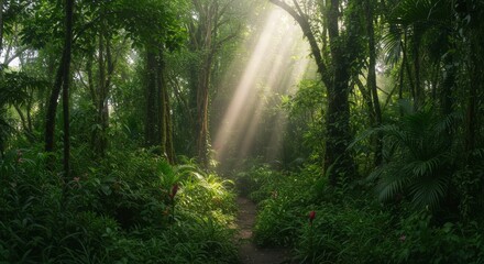 Obraz premium Sunlight beams through dense jungle foliage illuminating a forest path.