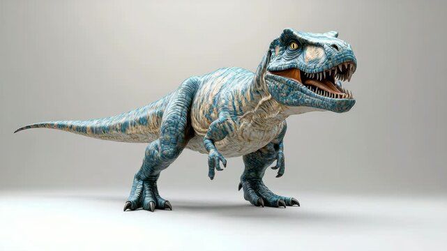 Blue dinosaur model prehistoric reptile figure with sharp teeth and claws lifelike texture fierce expression detailed skin texture standing on plain white background dynamic pose