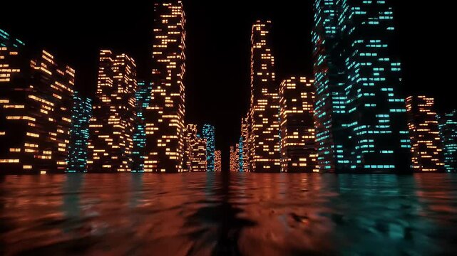 Glowing Neon Cityscape with Vibrant Reflections and Geometric Design Against Black Background Optimized for Adobe Stock