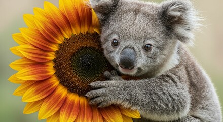 Koala hugging sunflower