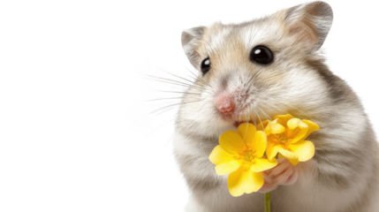 A cute hamster with fluffy fur and round cheeks gently holds bright yellow flowers against a clean white background, creating a charming portrait [140]