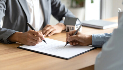 Two individuals are signing a document related to real estate, with a small model house on the table, symbolizing a property transaction