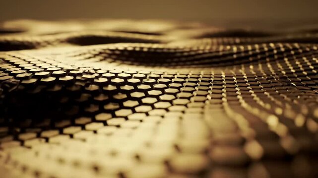 Golden Hexagonal Mosaic Surface Undulating with Dramatic Shadows in Warm Elegant Light Optimized for Adobe Stock Photo