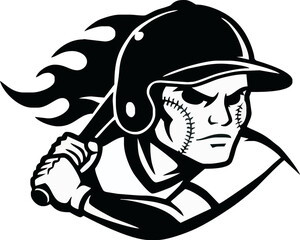 Baseball player in a fierce batting stance, with flames, focused on hitting the ball.