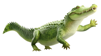 Fototapeta premium A cute cartoon alligator with green scales strikes a friendly pose, isolated on white, showcasing its playful expression and detailed animation style.