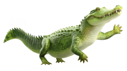 A cute cartoon alligator with green scales strikes a friendly pose, isolated on white, showcasing its playful expression and detailed animation style.