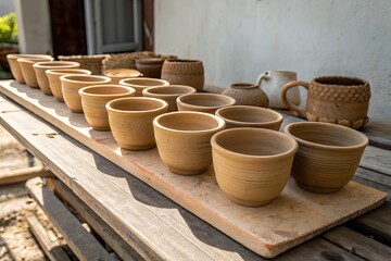 A row of handcrafted clay pots displayed on a wooden table in a pottery workshop
