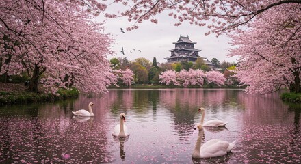 Pink cherry blossoms and swans on a pond