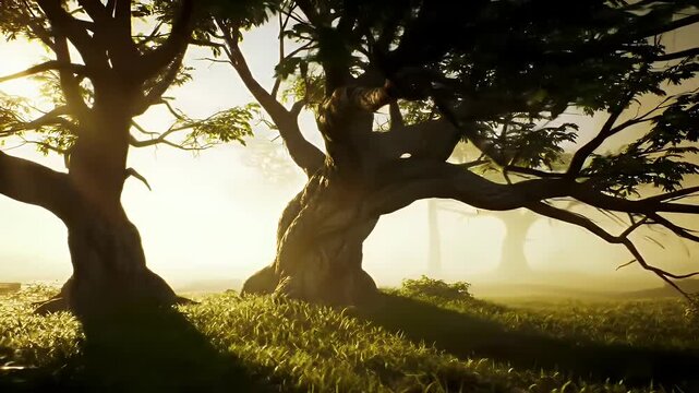 Golden Sunset Over Tranquil Field Trees and Green Grass Under a Clear Sky With Bright Sunlight and Warm Atmosphere