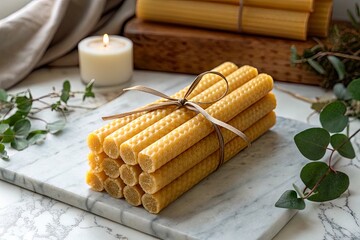 Aesthetic arrangement of handmade beeswax candles tied with ribbon on a marble surface with greenery