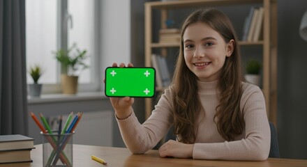 Smiling girl showing smartphone with green screen