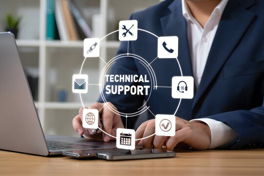 Technical support and customer service concept. Digital icon representing technical support, customer service, and 24-7 assistance. Business technology solutions for global support, service management