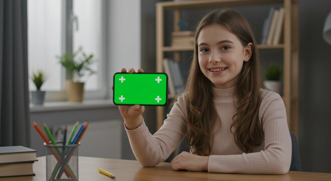 Smiling girl showing smartphone with green screen - Powered by Adobe