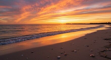 Sunset over calm beach seascape