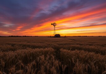 Obraz premium Silhouetted windmill stands in golden wheat field at vibrant sunset.