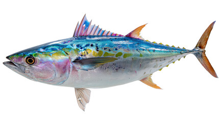 Fototapeta premium Isolated side view of a vibrant yellowfin tuna with iridescent colors and textured scales, showcasing its streamlined body against a white background.