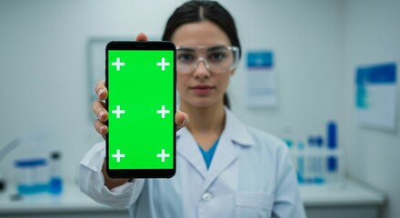 Woman presenting green screen tablet