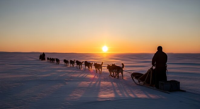 Silhouetted dog sled team traverses a snowy expanse at sunset, a lone musher guiding the pack across a vast, frozen landscape. - Powered by Adobe