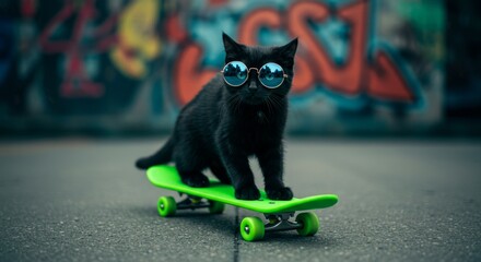A cool black cat wearing sunglasses rides a green skateboard against a graffiti wall, showcasing urban style and feline fun.