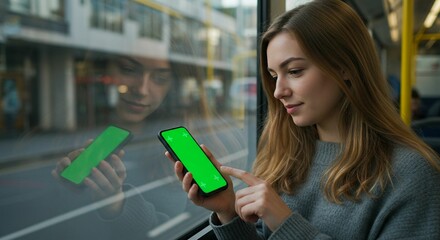 Woman using smartphone green screen bus