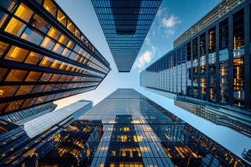 Skyscrapers converge against a blue sky creating a dynamic architectural vista